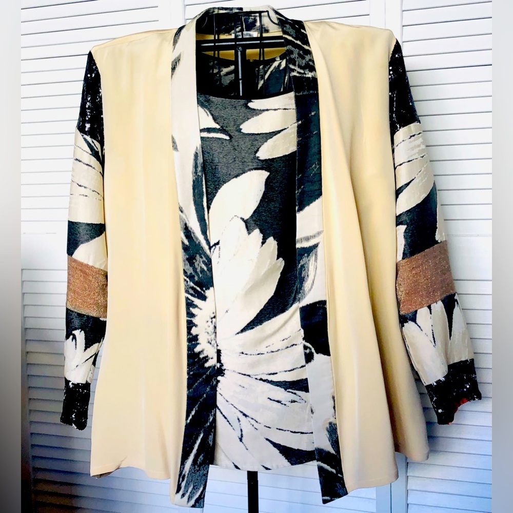 Jane Suttell 2 Piece Open Jacket & Shell Silk Sequin Plus Size ? 2XL Made USA